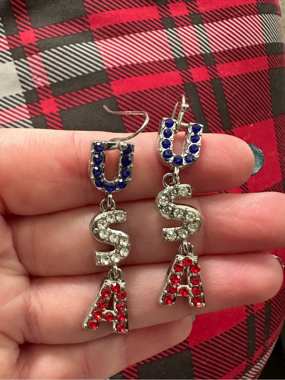 Patriotic U.S.A. Dangle Earrings with Red, White & Blue Crystals